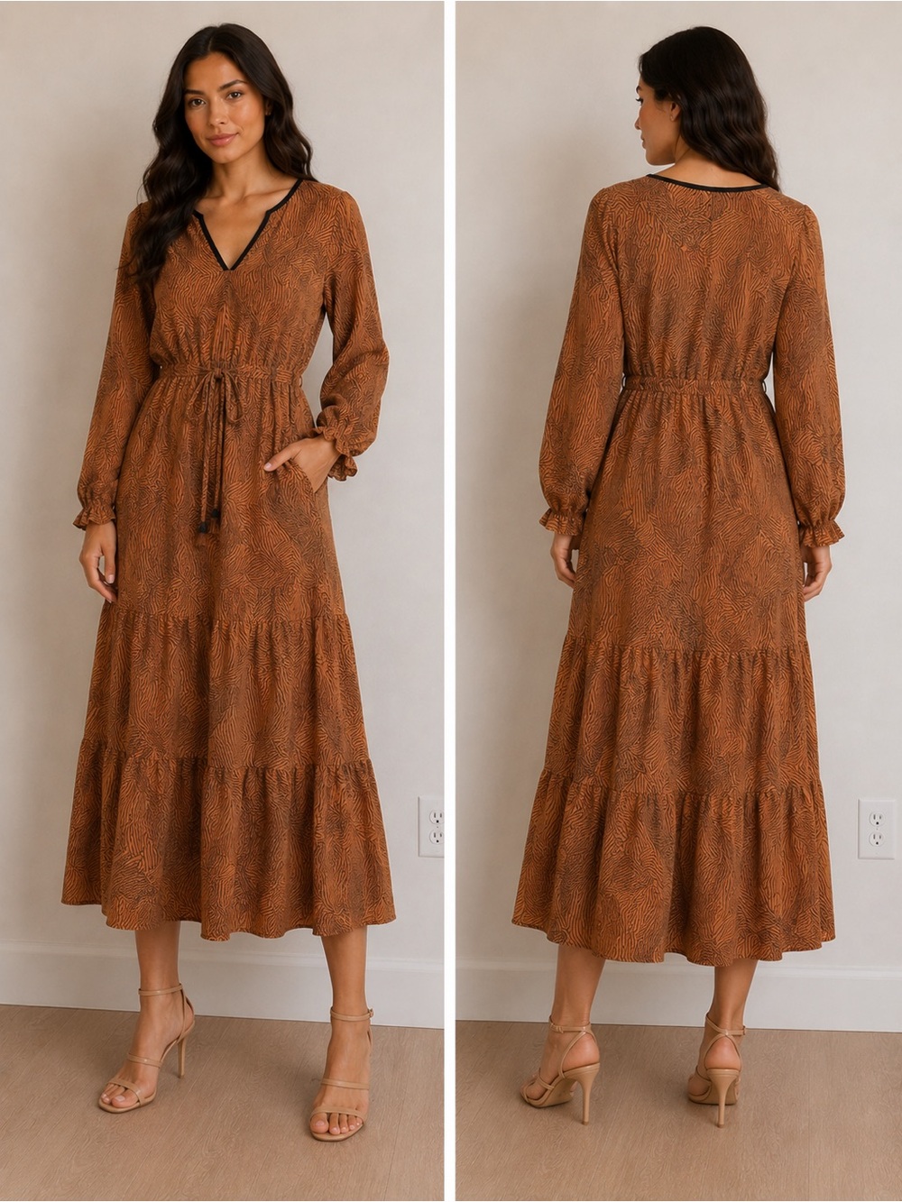 Karina Grimaldi Rust Brown Tiered V‑Neck Maxi Dress